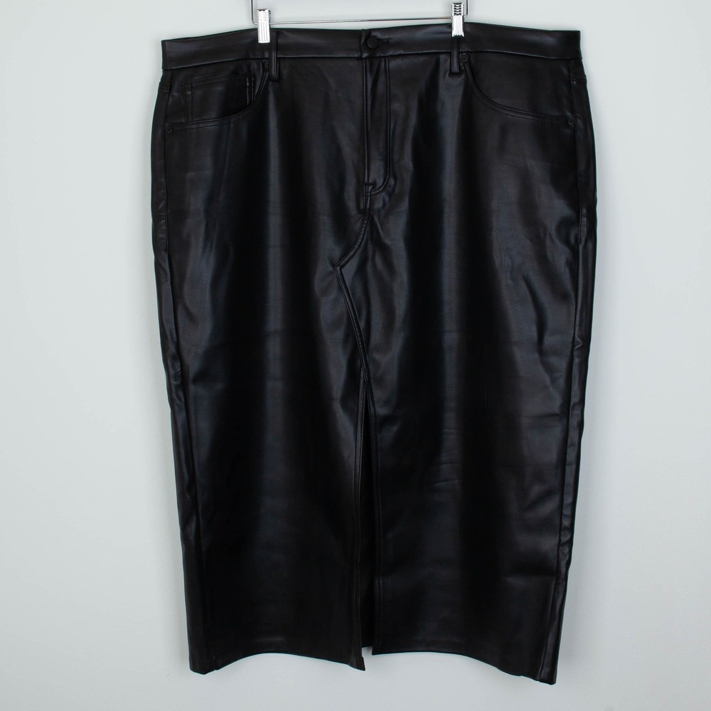 Good American Grunge Black Faux Leather Front Slit Midi Skirt Size 22 Biker Edgy